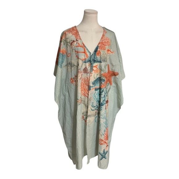 ARATTA SILENT JOURNEY Bohemian Blue Orange Kimono Floral Print‎ OS Coverup Swim - Picture 4 of 9